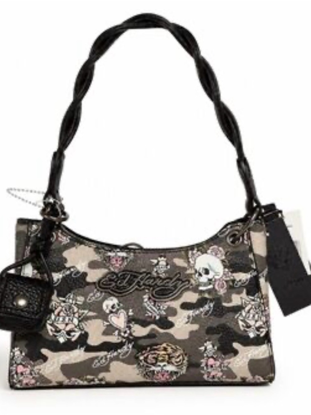 Ed Hardy Black, Tan & Pink Camouflage Shoulder Bag with Skulls